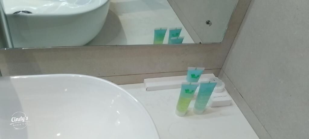 Une salle de bain avec un lavabo blanc, un miroir et deux flacons de produits de toilette verts et blancs posés sur le comptoir.