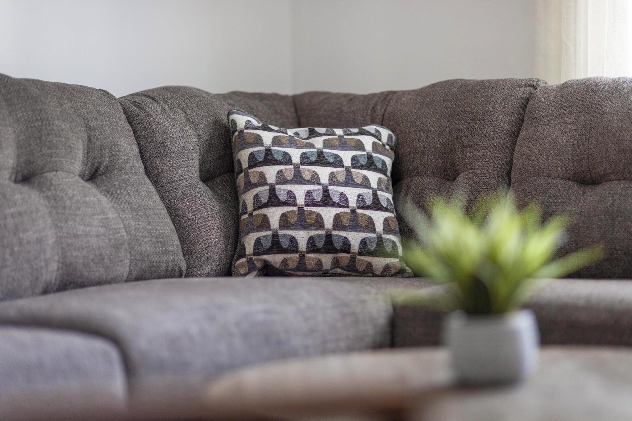 A gray upholstered sofa with a patterned cushion and a small potted plant on a table in front.