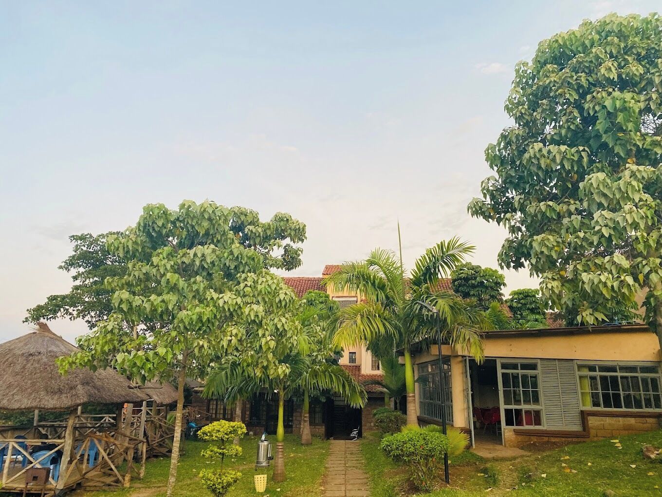 A courtyard with a thatched-roof structure, palm trees, and a building with large windows.