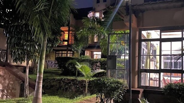 Un espacio exterior nocturno con un camino, palmeras y un edificio con ventanas grandes.