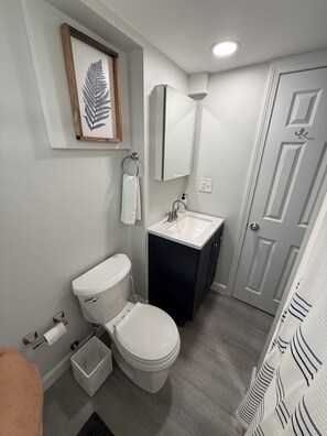 Douche, sèche-cheveux, serviettes fournies, savon