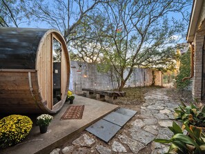 Terrace/patio - Castle Experience!  Peacocks, Sauna, Pool/Hot Tub, Creek with swimming hole (Marble Falls)