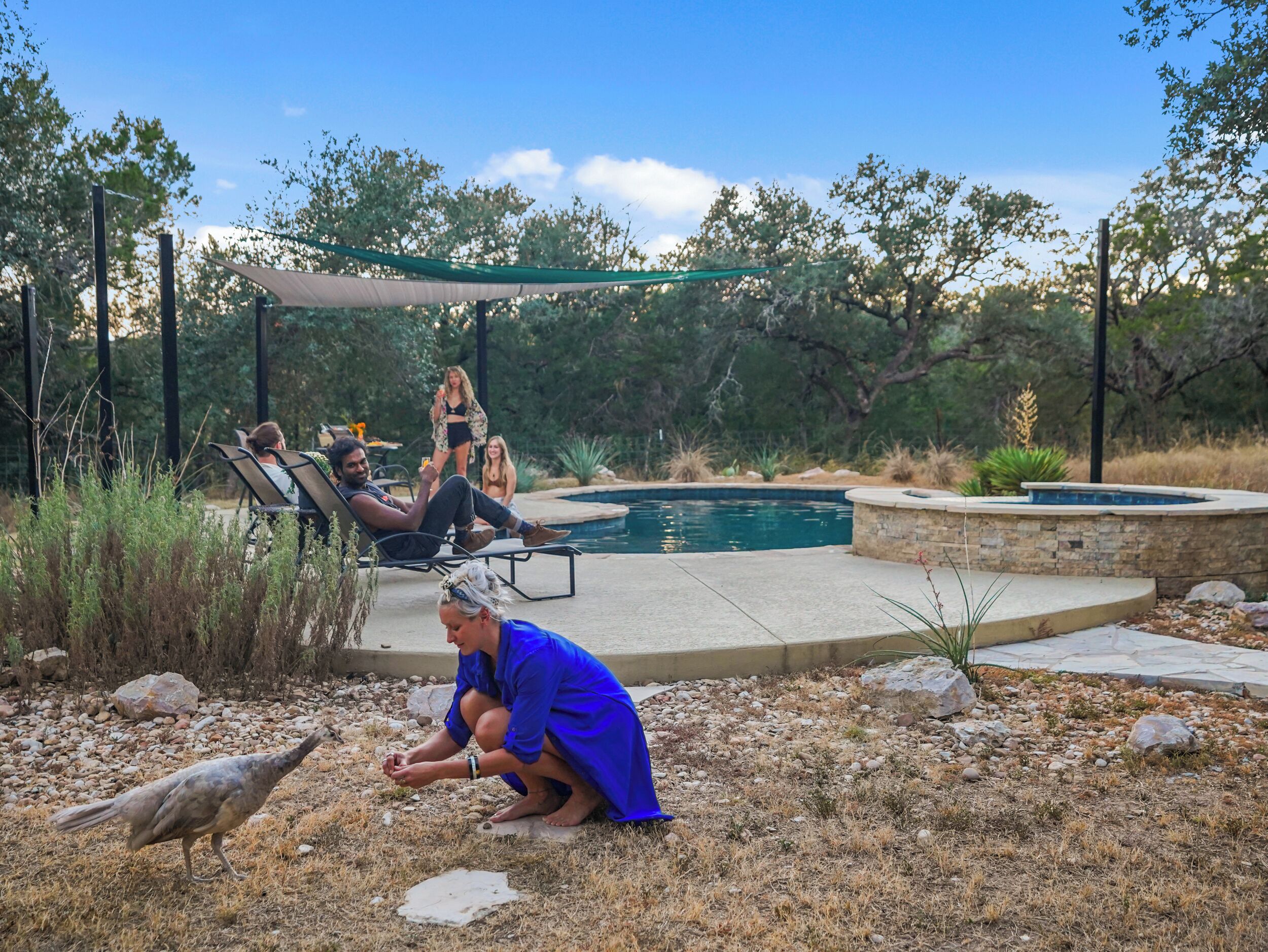 A pool area with lounge chairs, a stone wall, and a shaded canopy.