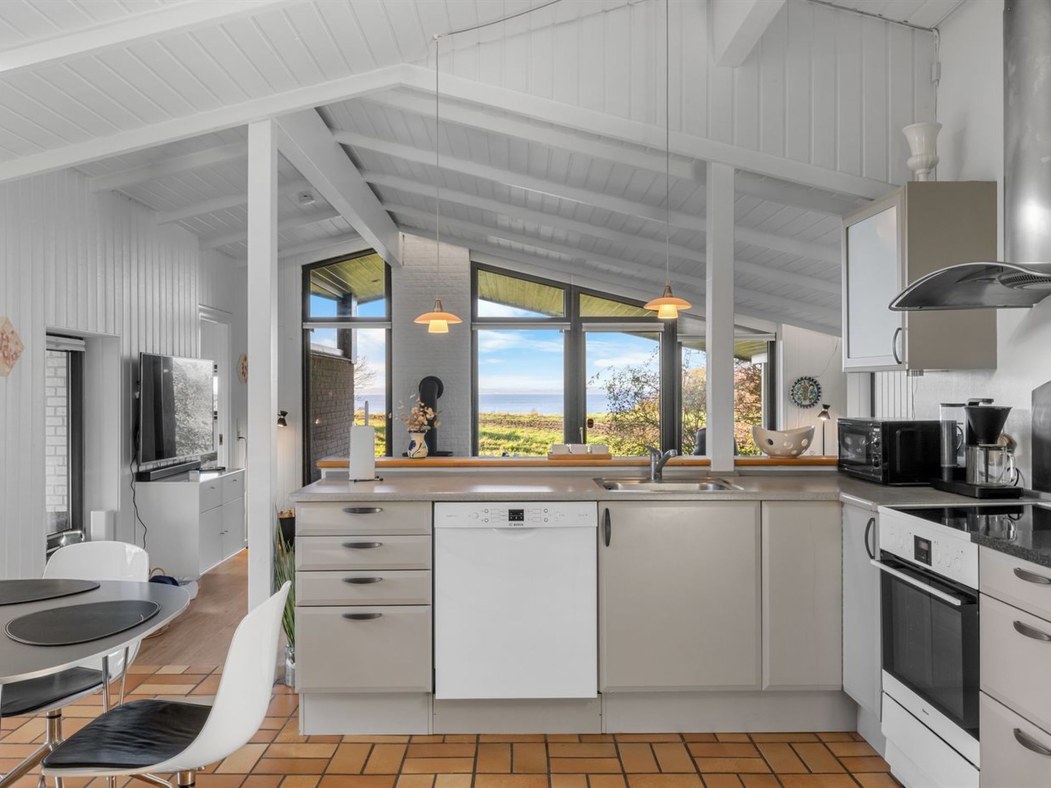 Fridge, microwave, dishwasher, cookware/dishes/utensils