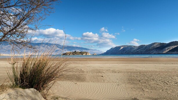 En strand med klart himmel, bjerge i baggrunden og sparsom vegetation.