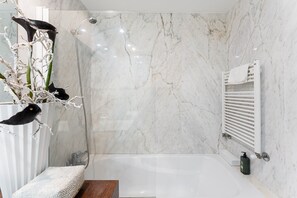 Shower, hair dryer, towels
