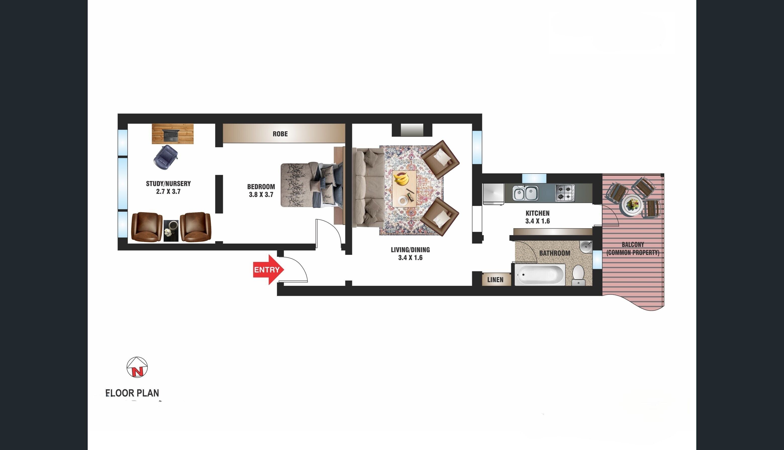 Planta baixa de um imóvel com escritório/quarto de bebê, quarto, sala de estar/jantar, cozinha, banheiro e varanda.