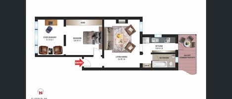 Planta baixa de um imóvel com escritório/quarto de bebê, quarto, sala de estar/jantar, cozinha, banheiro e varanda.