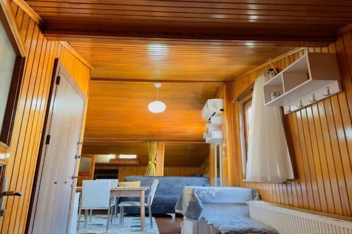 A wooden interior with a dining area, a sofa, and a radiator.