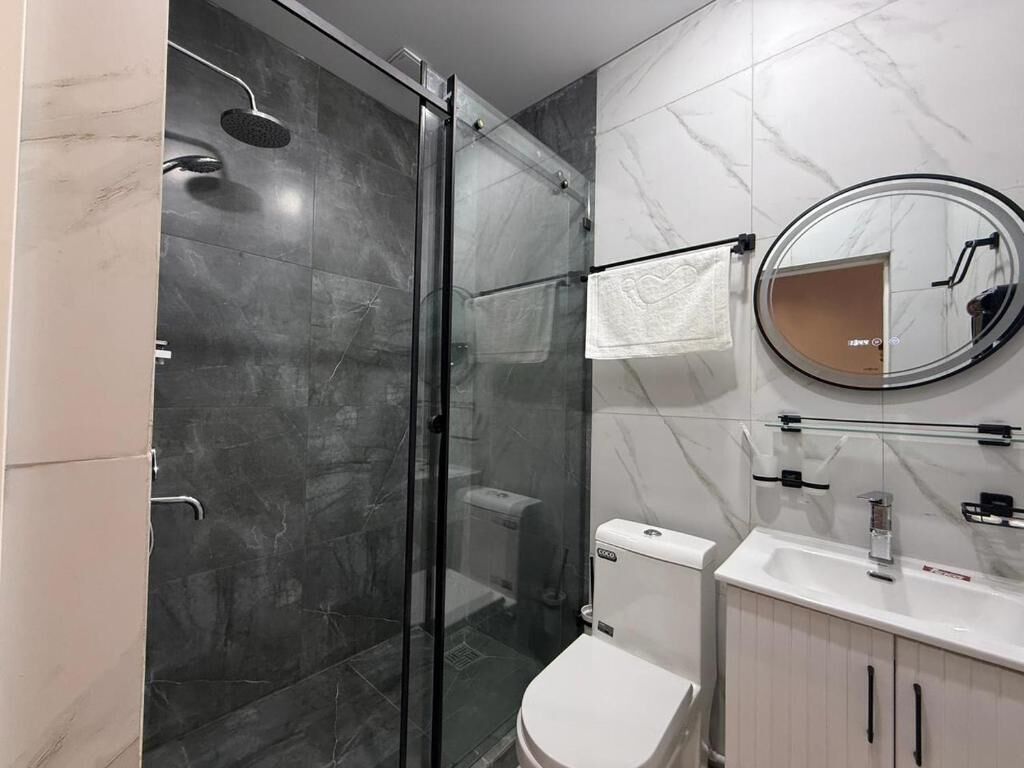 A modern bathroom with a glass-enclosed shower, a toilet, a sink, and a mirror.