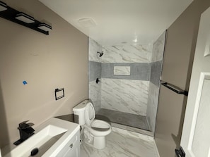 Een kleine badkamer met toilet, wastafel en douche.
