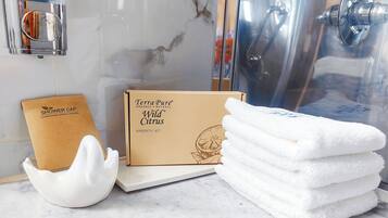 Hair dryer, towels, soap, toilet paper