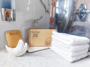 مجففات شعر، مناشف، صابون، ورق حمّام