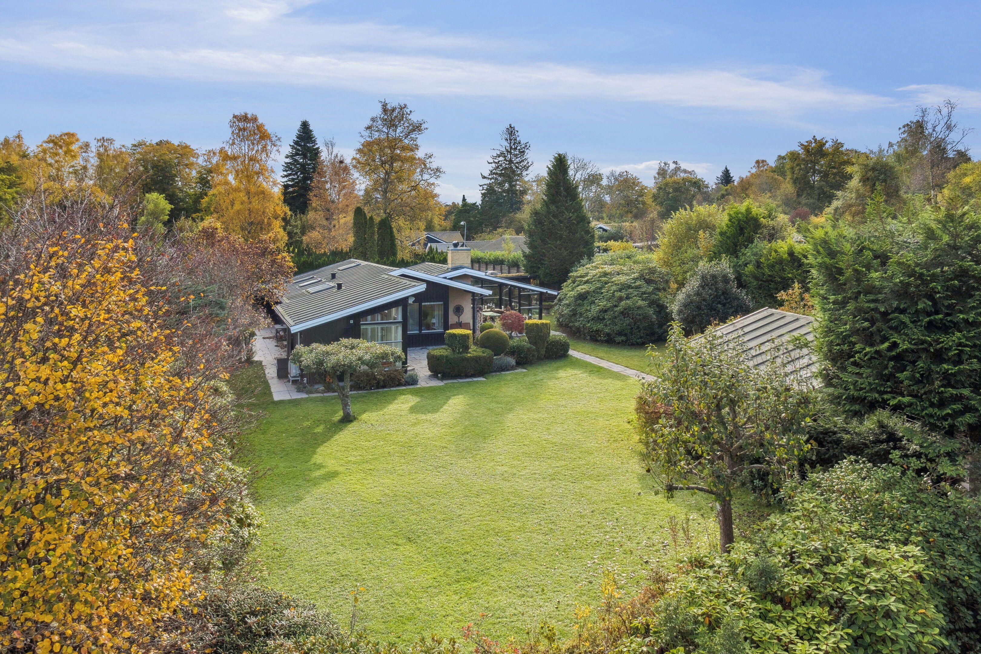 A residential property with a well-maintained lawn, a modern house, and surrounding mature trees.