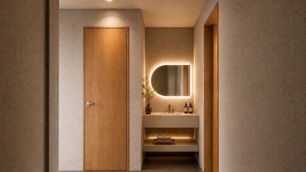 A modern bathroom with a wooden door, a round mirror, and a built-in sink. - Hotel Rima chocolat (Sapporo)