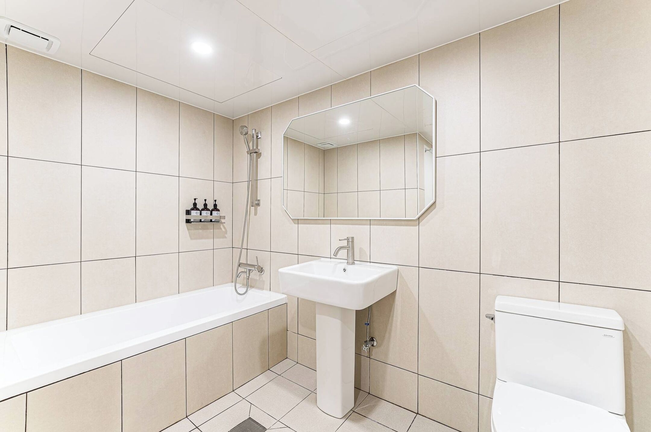Hair dryer, towels, shampoo, toilet paper