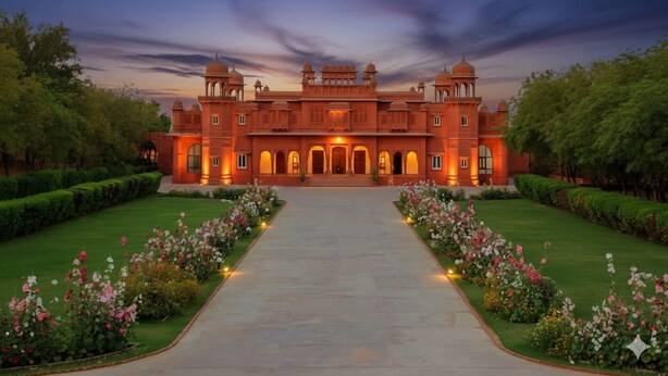 A large, ornate building with a central entrance, surrounded by well-manicured gardens and pathways. - Gaj Kesri by 7Apple Resorts  (Bikaner)