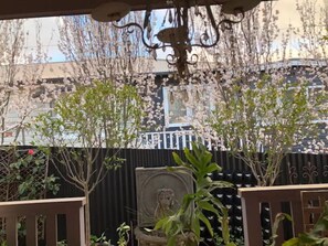 A garden area with cherry blossom trees, a decorative chair, and a fence. - Chinoiserie (Katoomba)