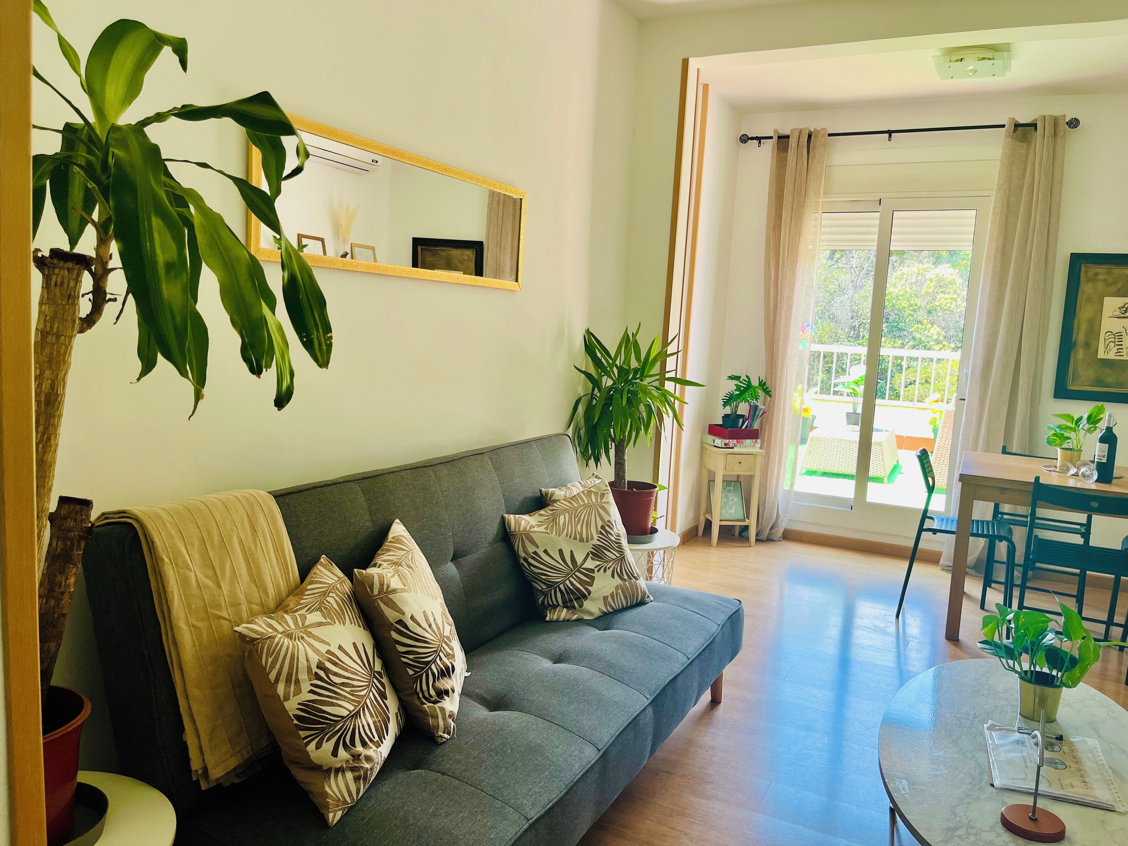 A living room with a grey sofa, patterned cushions, a large potted plant, a small table with a bottle, and a view of the outdoors through a sliding door.
