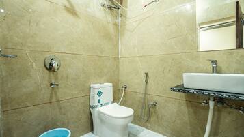 Shower, free toiletries, towels, soap