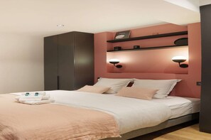 1 bedroom, desk, iron/ironing board, bed sheets