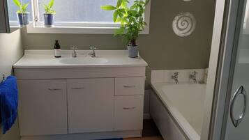 Shower, hair dryer, towels