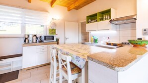 A modern kitchen with white cabinets, a granite countertop, and a wooden ceiling. - Holiday Home in Thale - Neinstedt (Thale - Neinstedt)