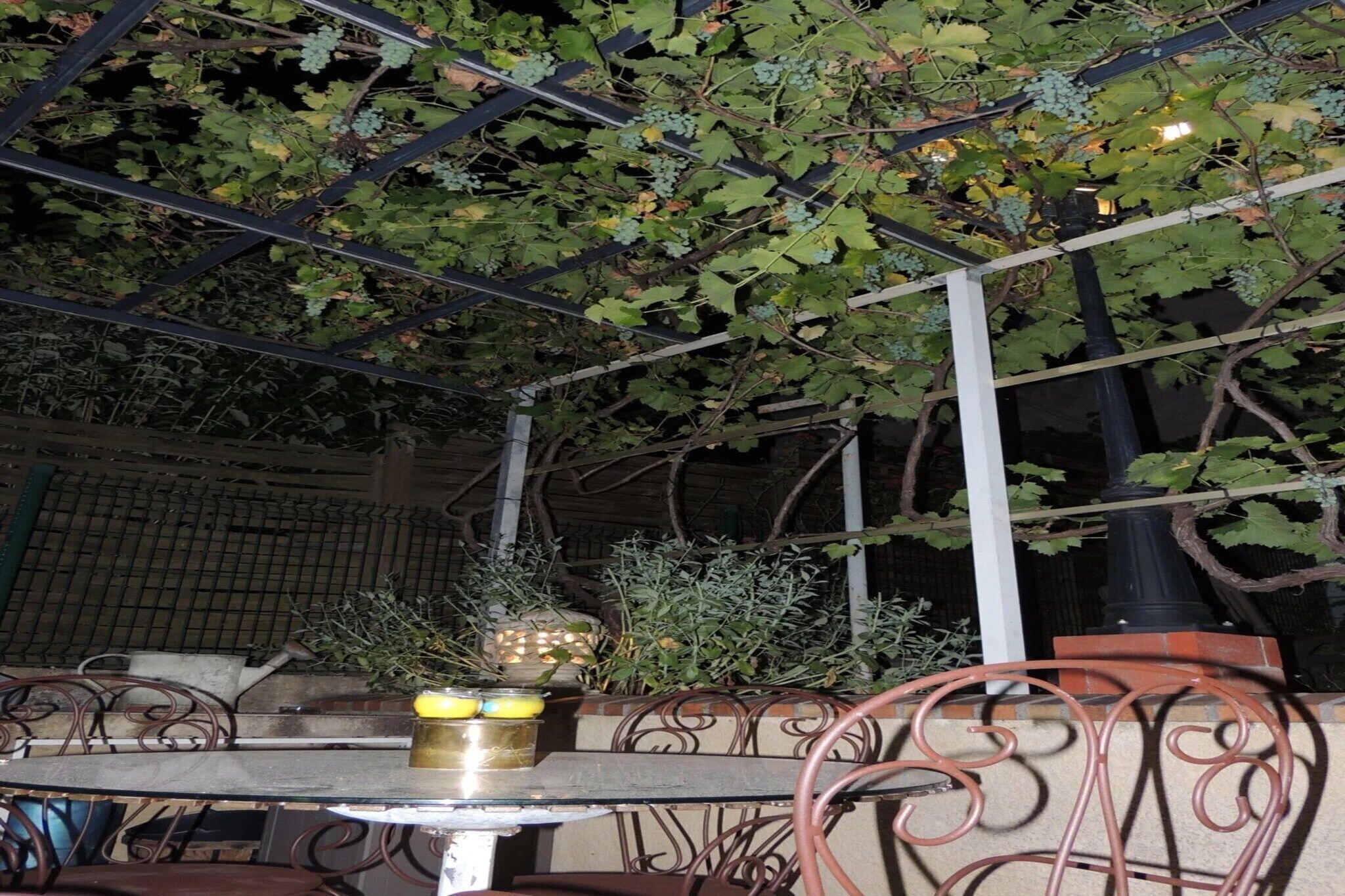 Uma área de estar externa com mesa e cadeiras, cercada por vegetação e uma estrutura de pérgula.