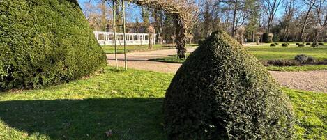A well-maintained garden with neatly trimmed hedges, a gazebo, and a clear sky.
