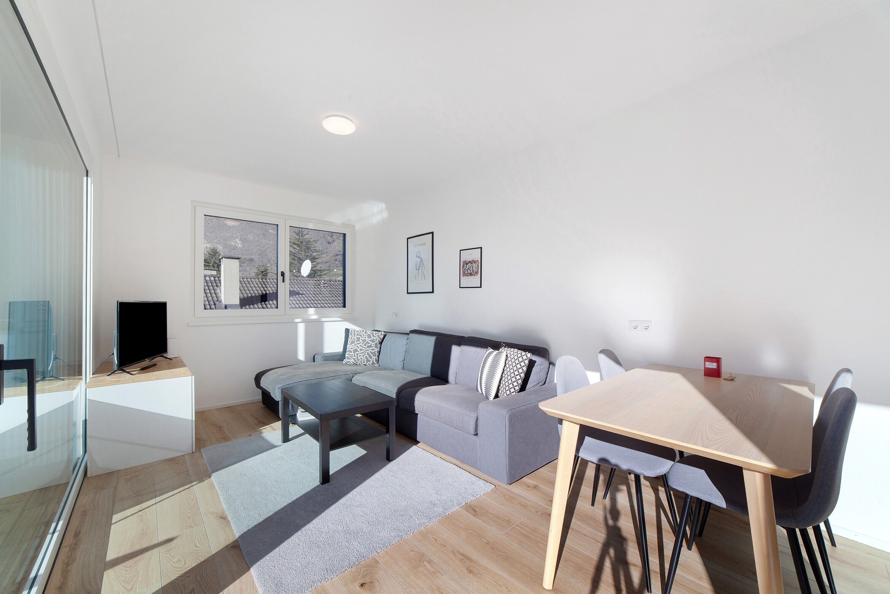 A modern living room with a sofa, coffee table, dining table, and chairs.