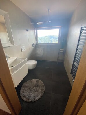 Ducha, secador de pelo, toallas y jabón