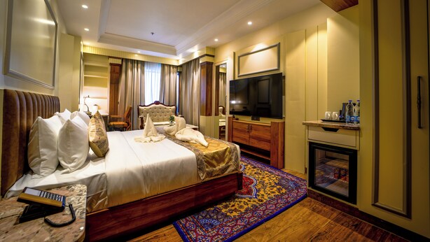 A hotel room with a large bed, a television, a minibar, and a fireplace. - Maharaja Palaces Rohtak (Sampla)