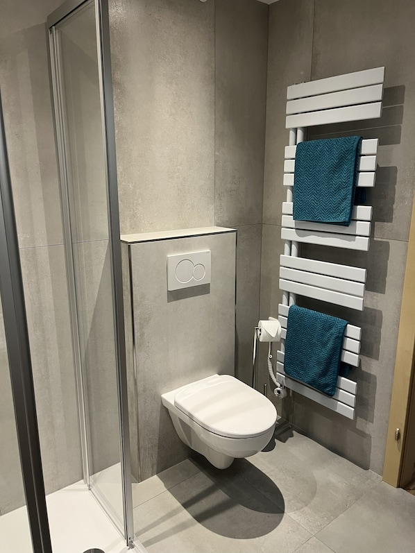 Douche, séchoir à cheveux, serviettes fournies