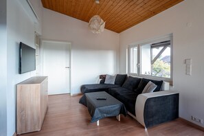 Een televisie, een open haard en een tafeltennistafel