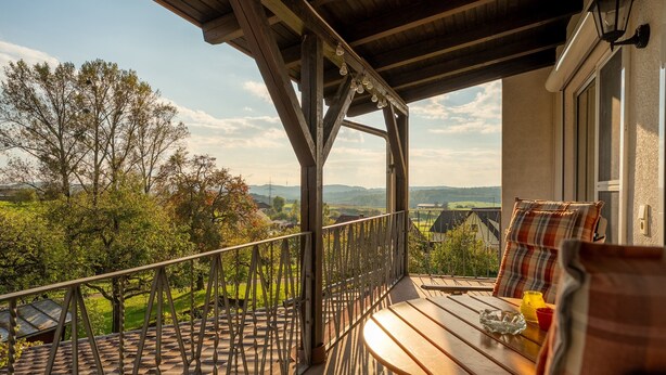 A balcony with a wooden table and chairs, a view of the countryside, and a railing. - Apartment 'Agnes' with Shared Pool, Private Terrace and Wi-Fi (Rheinfelden)
