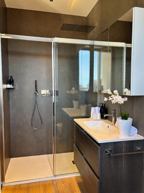 Hair dryer, bidet, towels, soap