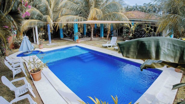 Ein rechteckiger Swimmingpool mit weißer Liegefläche, umgeben von weißen Liegestühlen, Palmen und einem überdachten Patio.