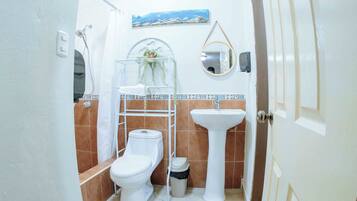Un baño con inodoro, lavamanos, ducha y un pequeño cubo de basura.