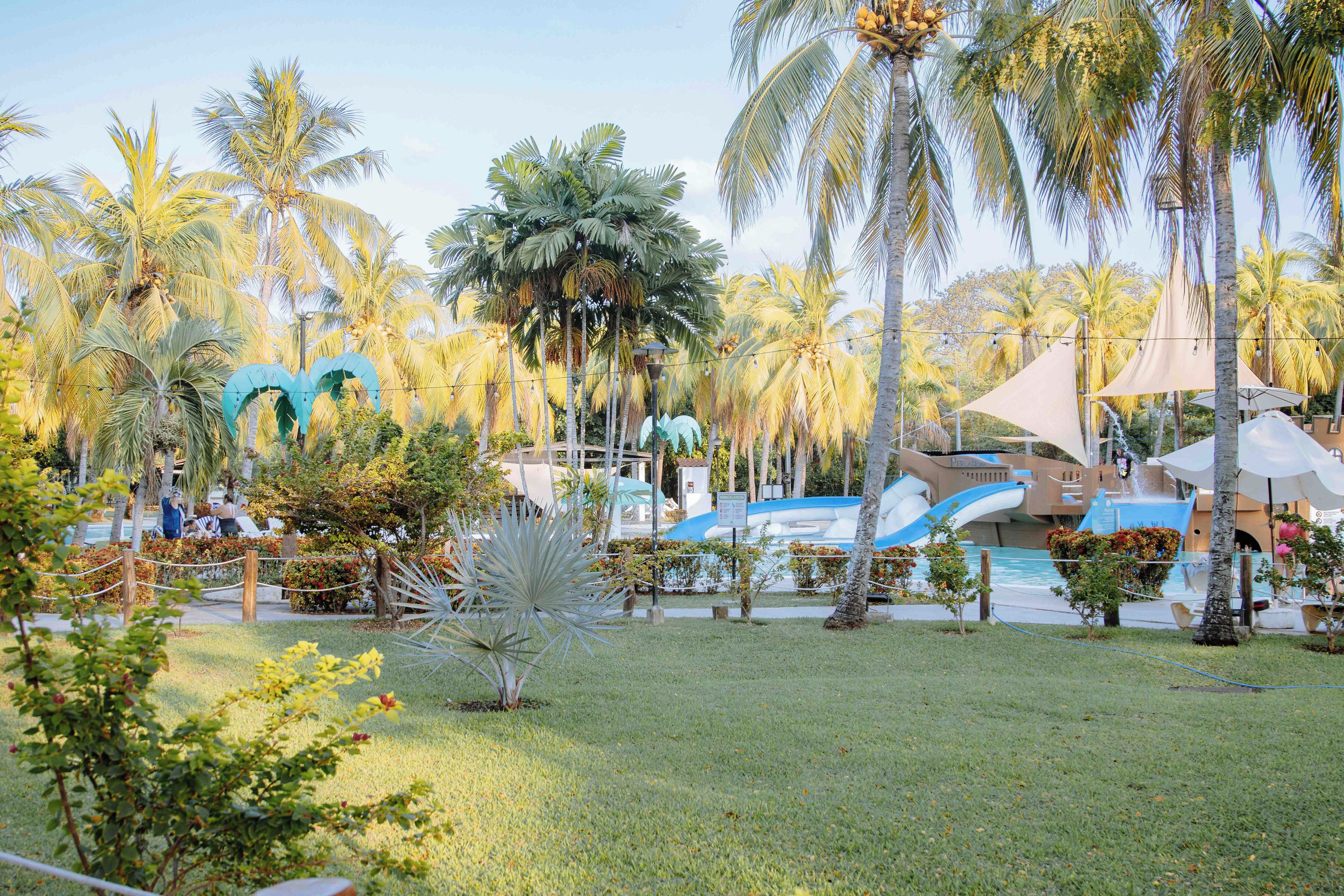 A resort with a pool area, palm trees, and a water slide.