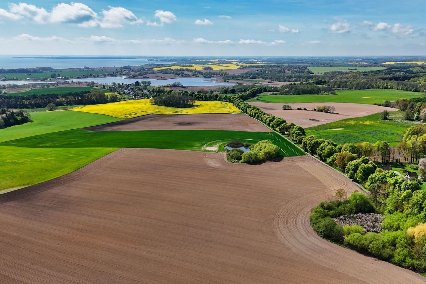 A panoramic view of a rural landscape with fields, a lake, and a small village.