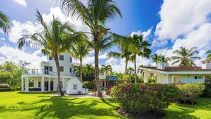 A two-story house with a covered porch, surrounded by well-maintained lawns and palm trees. - Villa Desiree - Family Villa in Cocotal (Punta Cana)