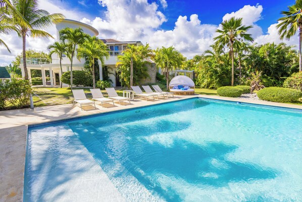 A swimming pool with lounge chairs and palm trees.