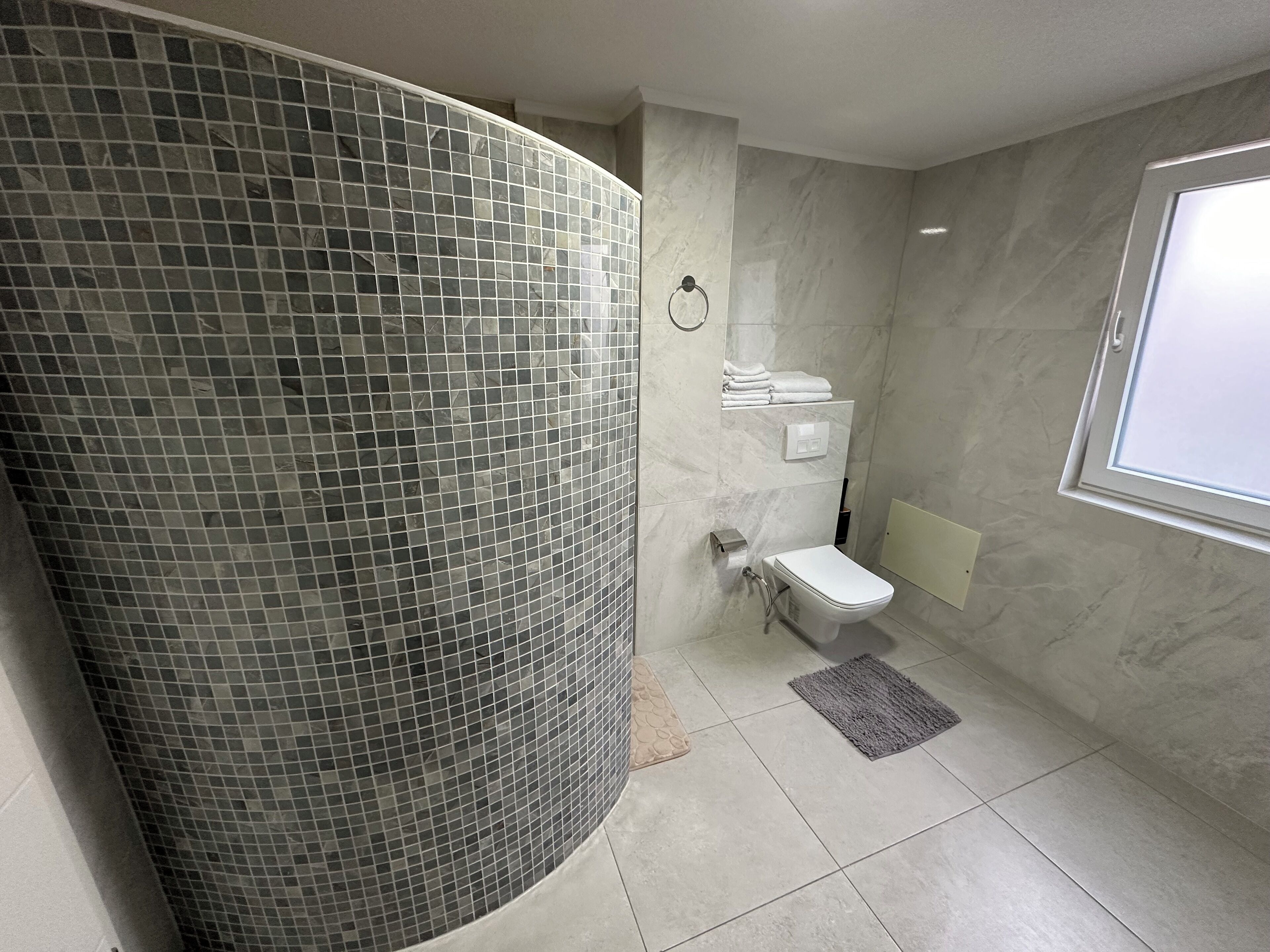 Ein Badezimmer mit gefliesten Duschwänden, Toilette, Handtuchhalter und einem Fenster.