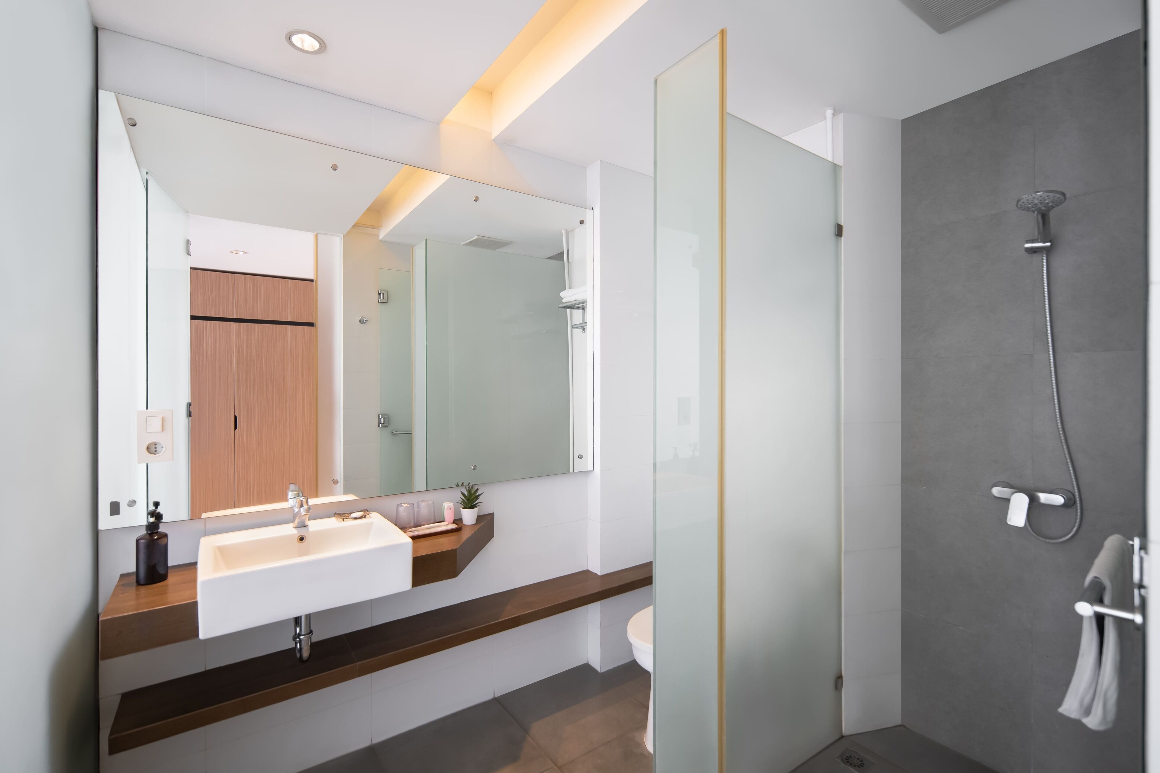 A modern bathroom with a glass shower enclosure, a white sink, and a large mirror.