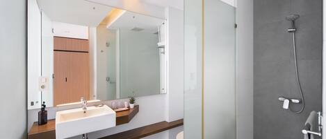 A modern bathroom with a glass shower enclosure, a white sink, and a large mirror.