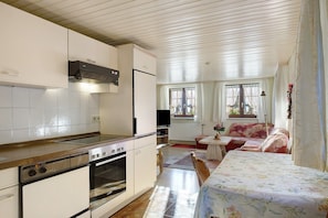 Een koelkast, een oven, een kookplaat, een vaatwasser