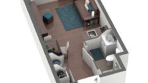 A 3D model of a compact hotel room with a kitchenette, a seating area with a sofa and a coffee table, a small bathroom, and a separate toilet. - Studio in the Bassin à flots district, at the foot of the streetcar! (Bordeaux)