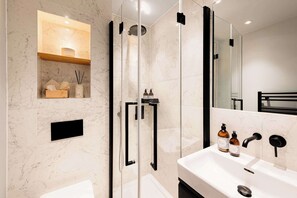 Shower, hair dryer, towels