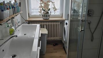 Shower, hair dryer, towels