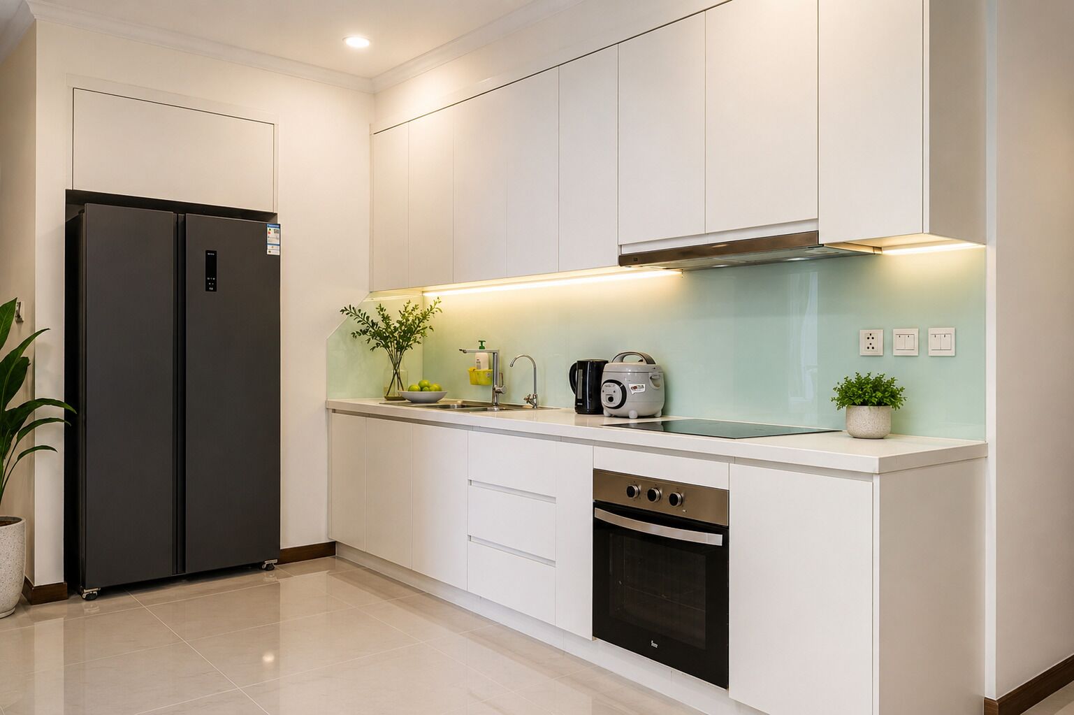 A modern kitchen with a built-in oven, a refrigerator, and a coffee maker on the countertop.